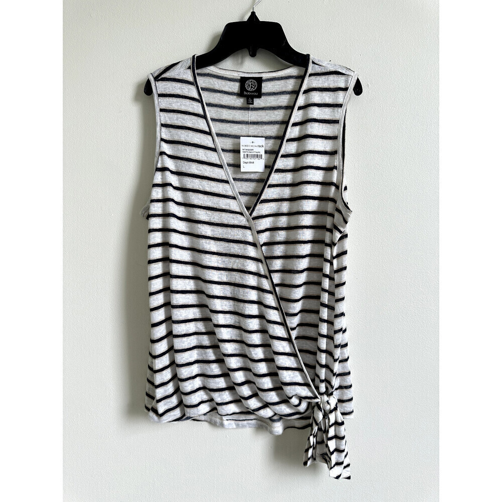 BOBEAU women's L Faux Wrap Side Tie Tank In White/navy/taupe sleeveless v neck